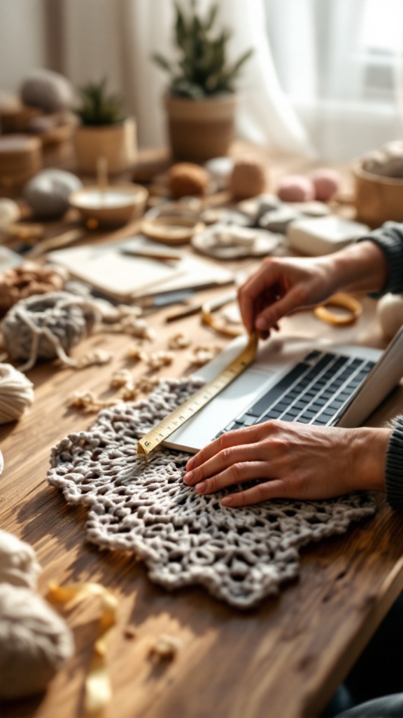 A person measuring a crochet piece against a laptop on a wooden table, surrounded by yarn and crafting materials.