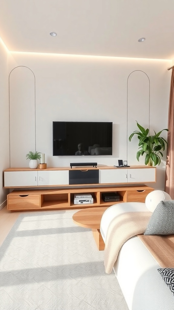 A modern living room featuring a media console with drawers, a TV mounted on the wall, and a cozy seating area.
