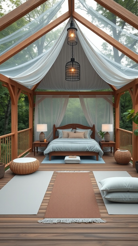 A serene gazebo designed for meditation and yoga, featuring soft lighting, comfortable furnishings, and an open layout surrounded by nature.