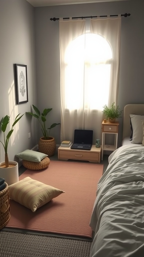 A cozy meditation nook corner in a bedroom with cushions, plants, and natural light.