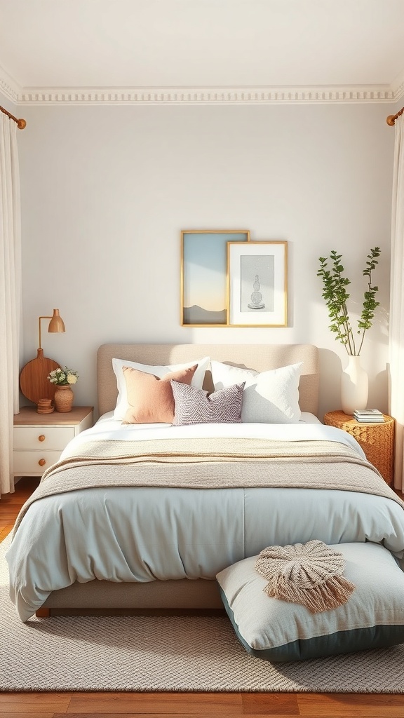 A serene bedroom featuring a cozy bed, soft colors, plants, and calming decor.