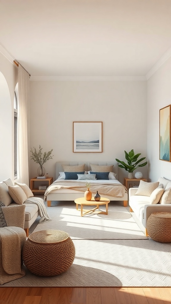 A cozy living room alcove with soft textiles, featuring a bed, plants, and a light color scheme.