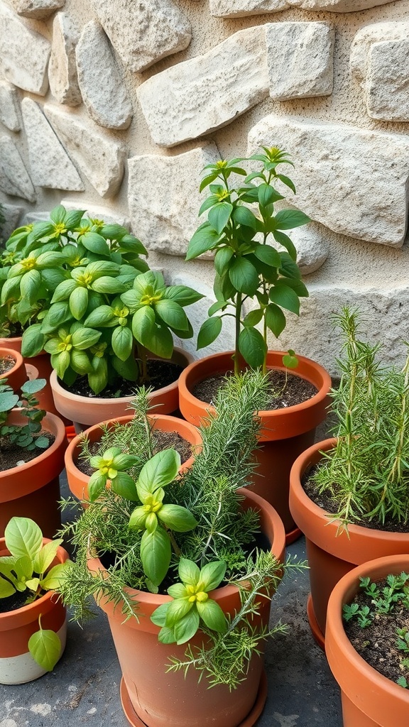 A collection of potted herbs including basil and rosemary against a stone wall.