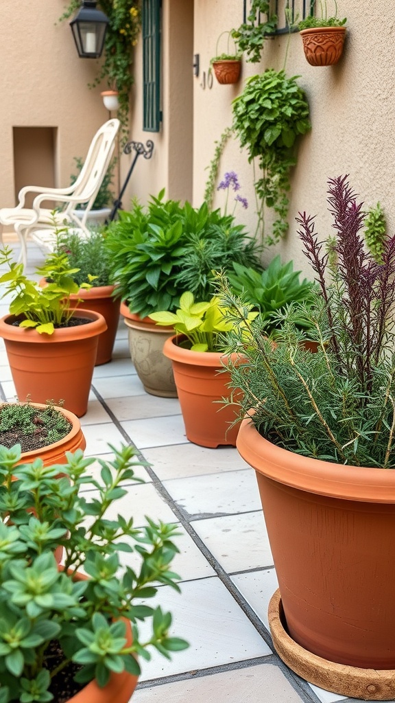 A beautiful patio herb garden with terracotta pots filled with various herbs