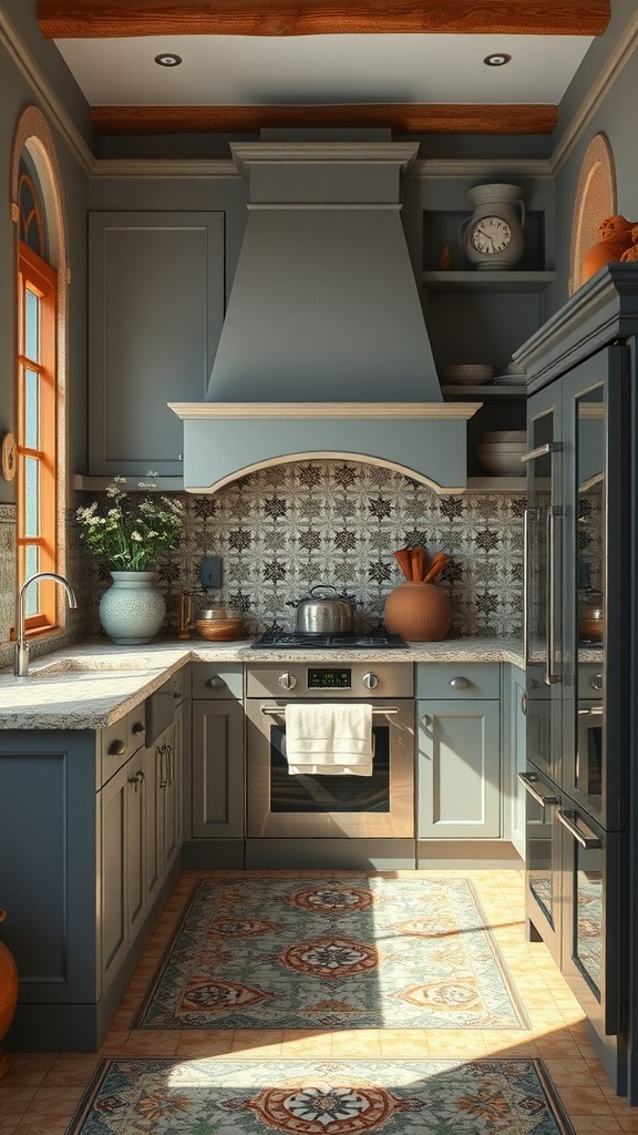 A Mediterranean inspired kitchen featuring grey cabinetry, patterned backsplash, and natural wood accents.