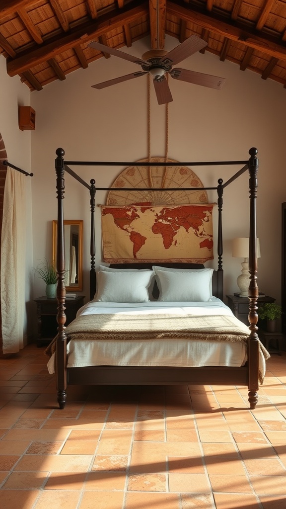 A beautifully designed Mediterranean bedroom featuring a four-poster bed, wooden ceiling beams, and terracotta floor tiles.
