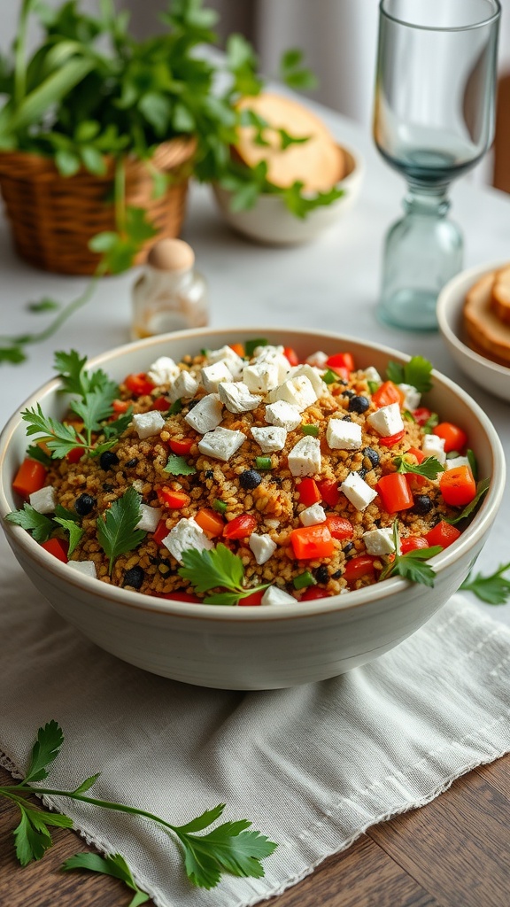 A bowl of Mediterranean quinoa salad with feta, garnished with fresh herbs and diced vegetables.