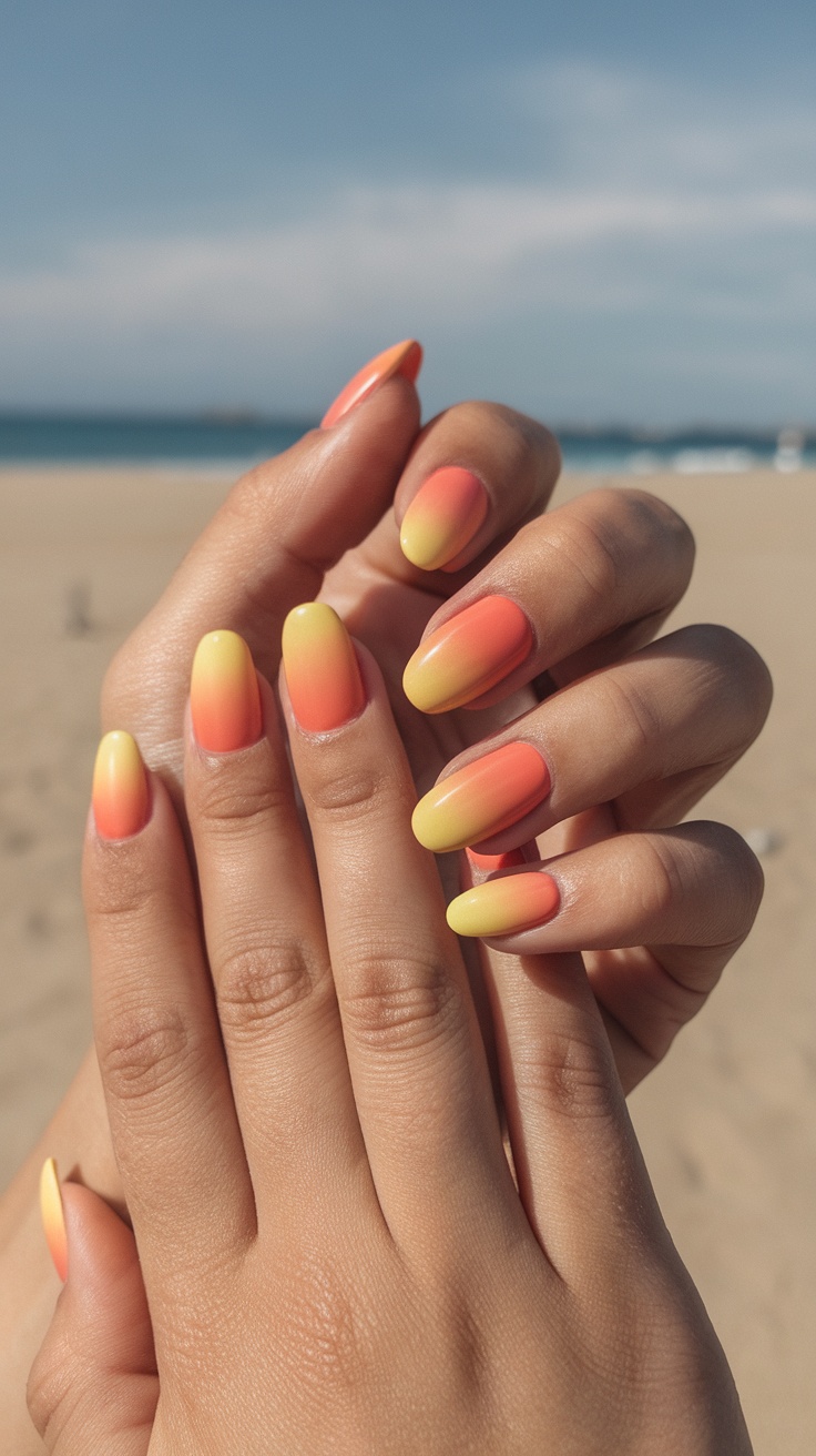 Mediterranean sunset ombre nails in yellow and orange shades against a beach background.