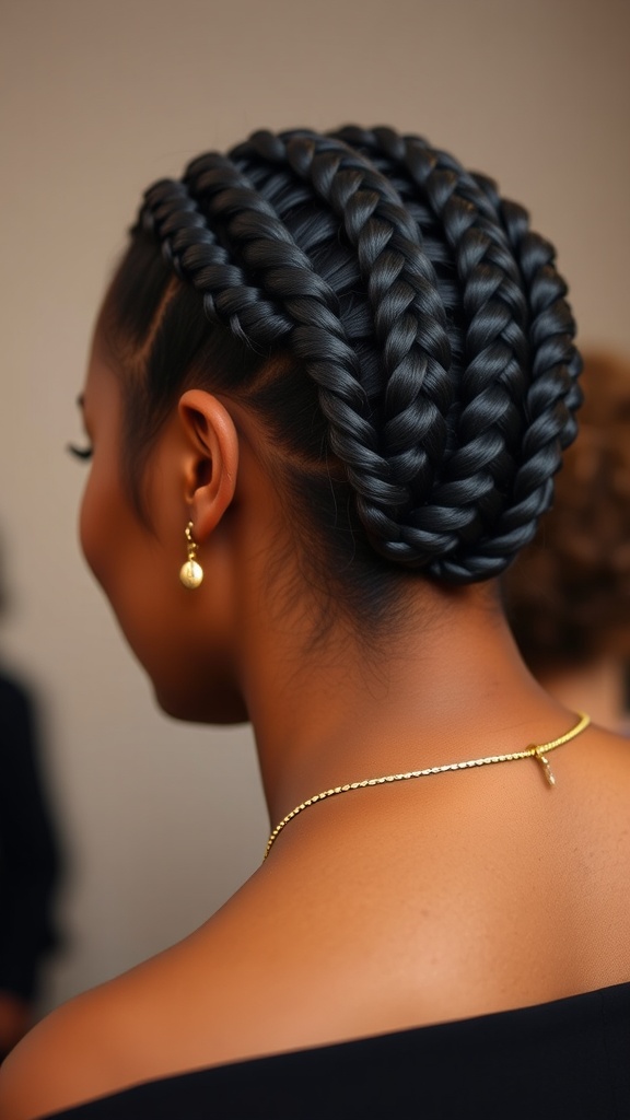 A woman with medium knotless braids styled into a crown braid, showcasing intricate braiding techniques.