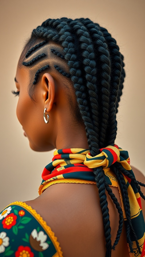 Close-up of a woman's medium knotless braids styled with a colorful scarf.