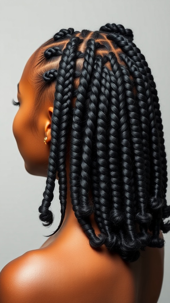 Medium knotless braids with curly ends showcasing a braided hairstyle.
