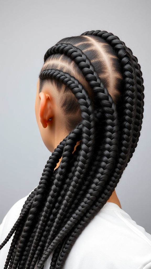 A back view of medium knotless braids with decorative twists, showcasing a sleek and stylish hairstyle.