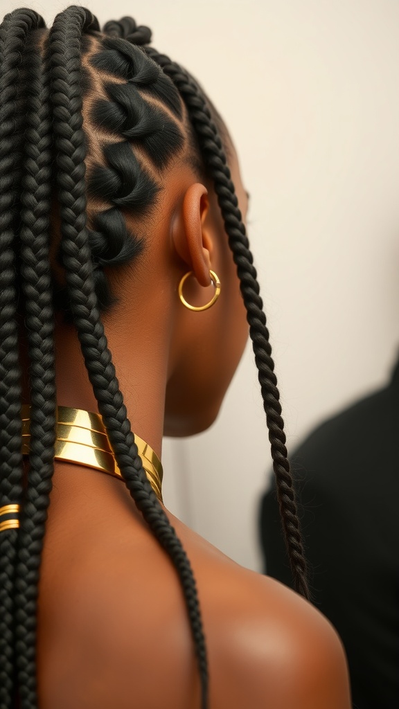 A close-up view of medium knotless braids adorned with gold cuffs, showcasing a sleek hairstyle.