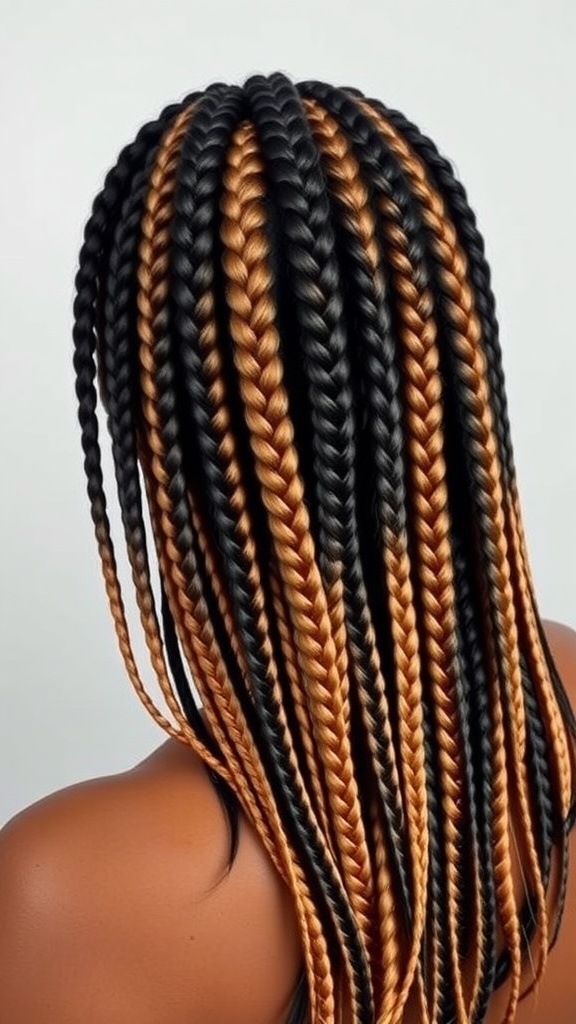 Medium knotless braids with a black and caramel ombre effect, styled down.