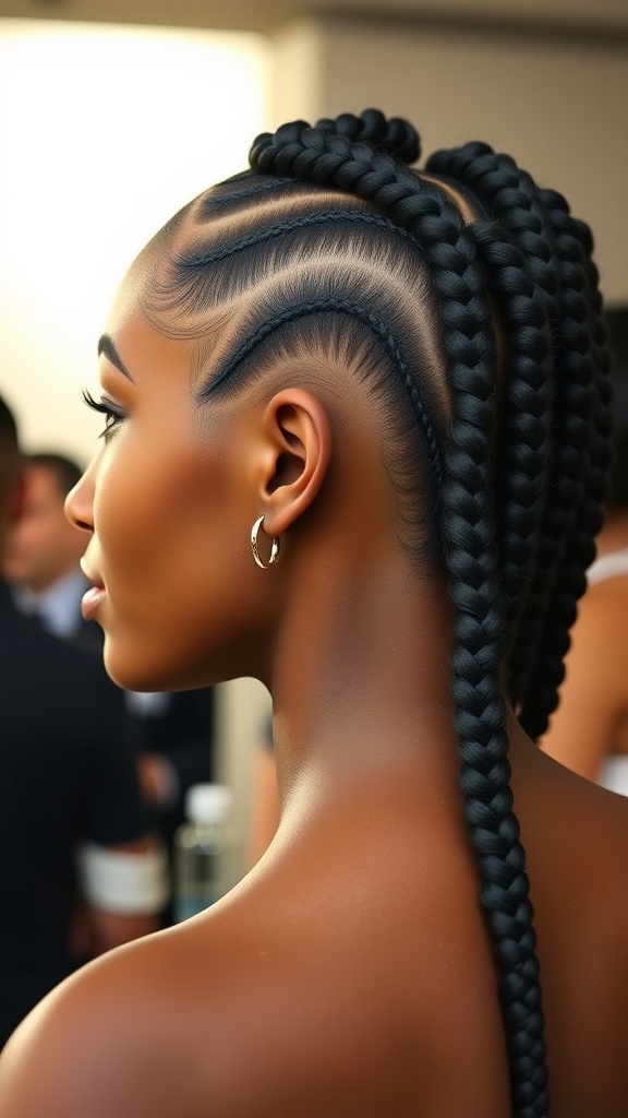 A close-up of a woman with medium knotless braids styled with a side part, showing detailed braiding and shaved sides.