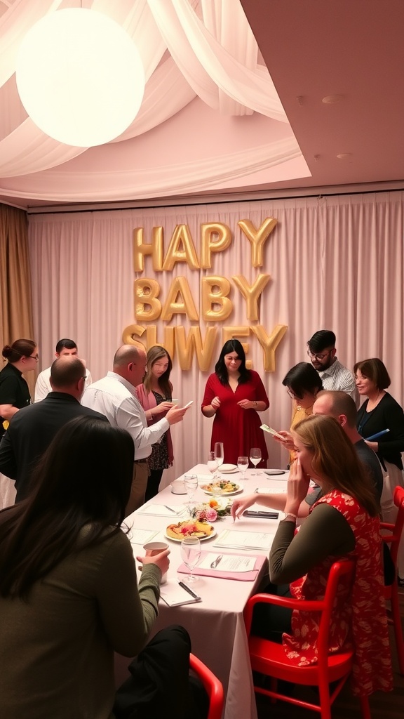 A gathering of guests at a baby shower, engaged in activities around a well-decorated table.