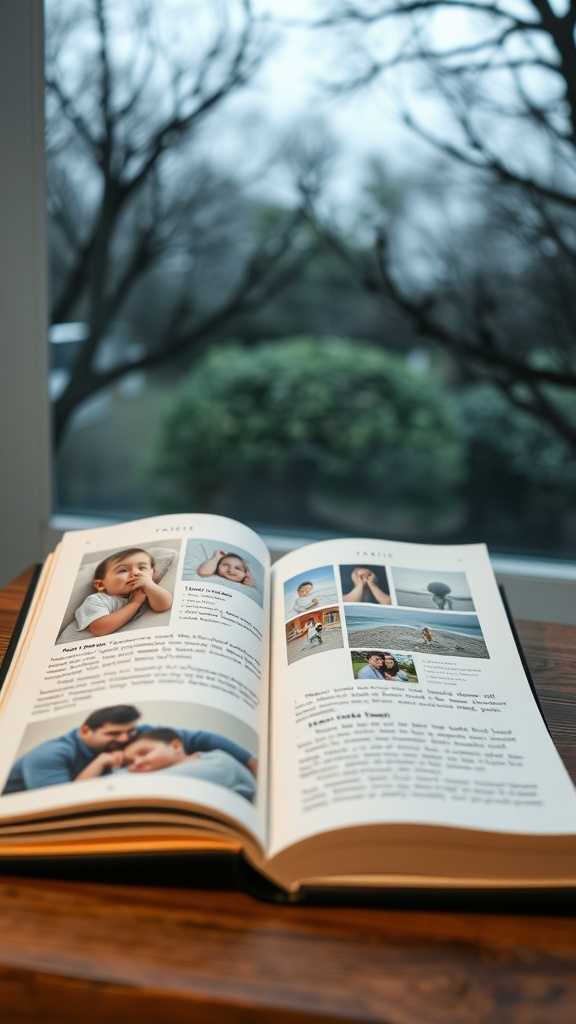 An open memory book showcasing photos and notes from a baby's first year.
