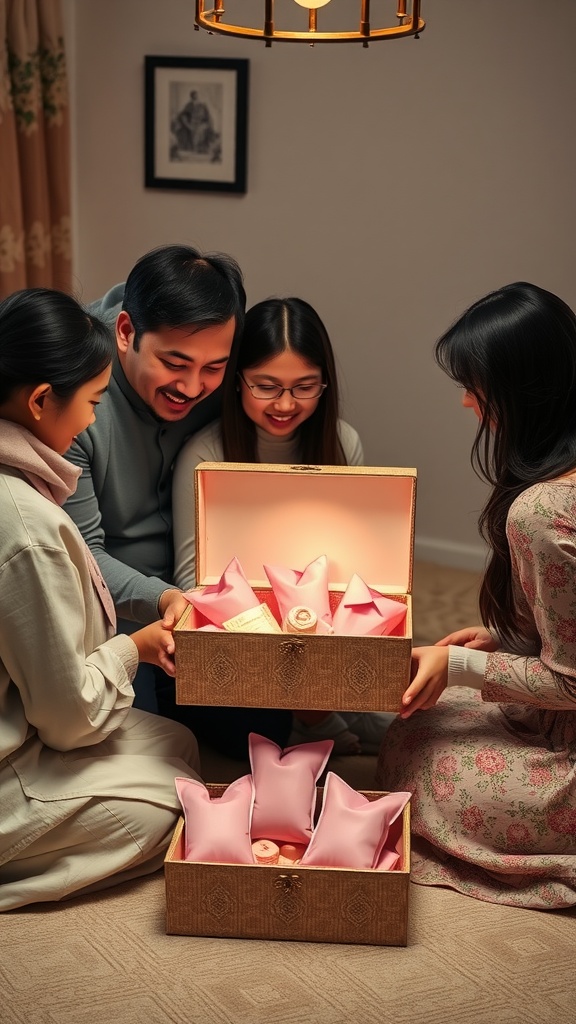 A group of four people gathered around an open memory box filled with pink and blue items, sharing a joyful moment.