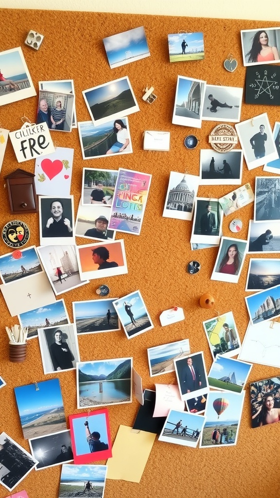 A cork board filled with a colorful collection of photos, notes, and mementos, showcasing a personal memory collage.