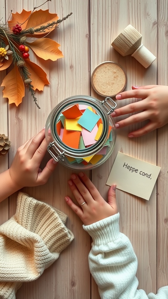 Two hands reaching towards a glass jar filled with colorful notes, surrounded by autumn leaves and a cozy atmosphere.