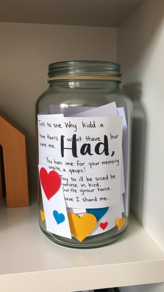 A glass jar filled with colorful notes and hearts, labeled for Dad.