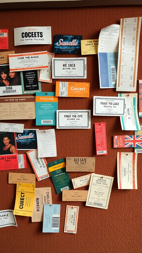 A colorful display of various ticket stubs and memorabilia on a bulletin board.