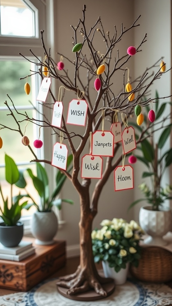 A decorative Memory Tree with colorful tags for baby shower wishes