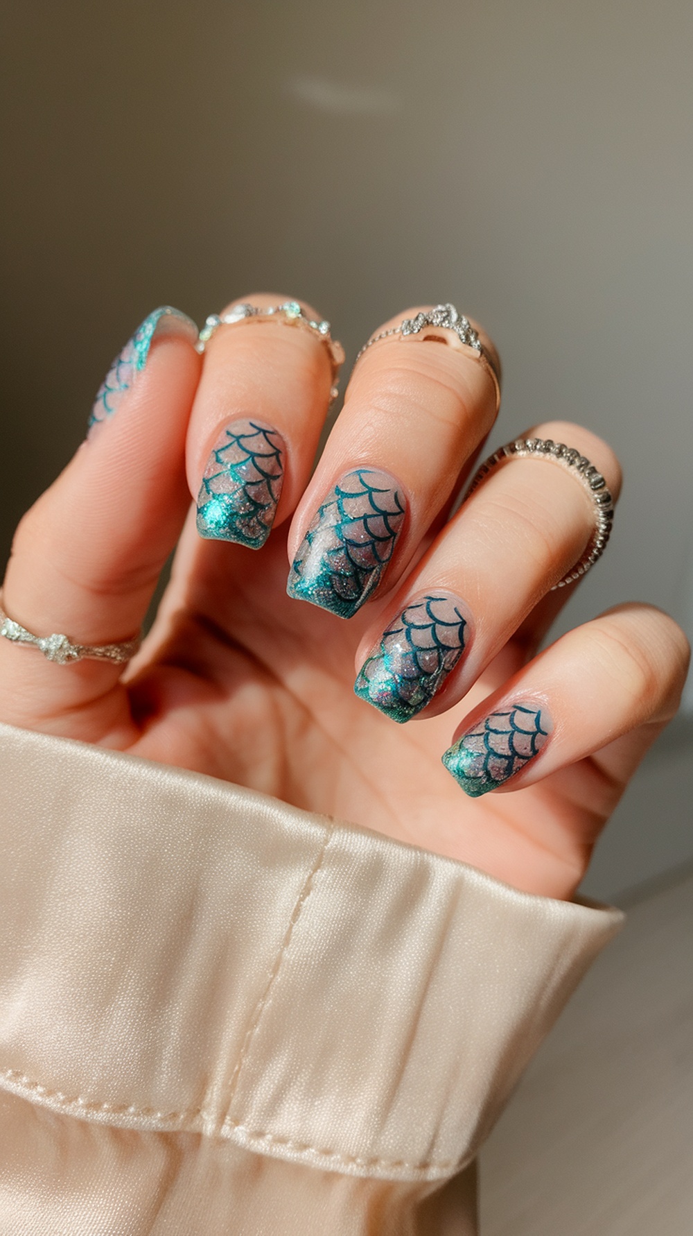 Close-up of mermaid scale glitter nails with a gradient of blues and greens, featuring a scale pattern outlined in black.