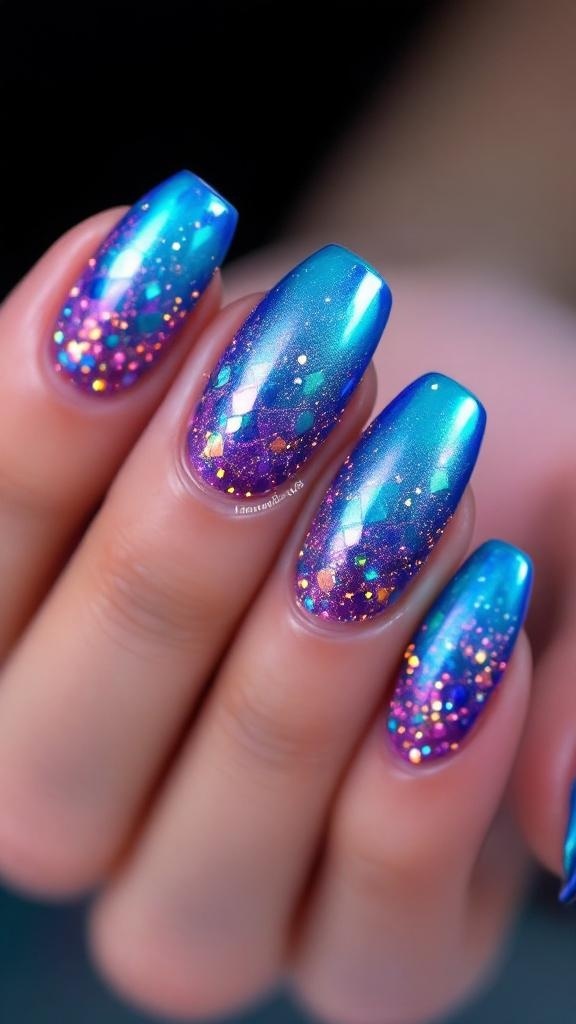 Close-up of hands with mermaid tail gradient nails featuring blue and purple scales, adorned with silver rings.