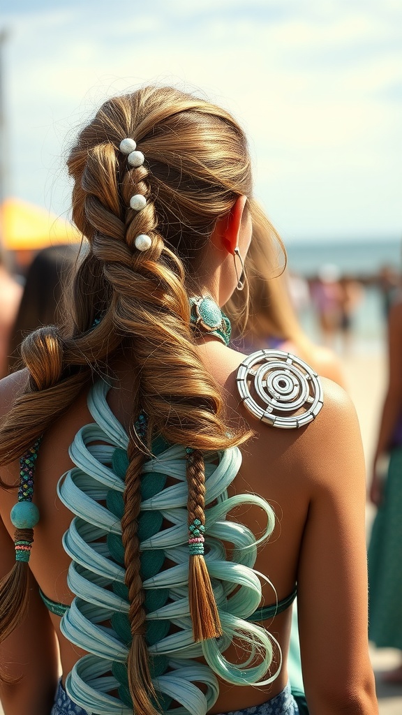 A woman with ocean-inspired hairstyle featuring blue and teal braids and accessories.