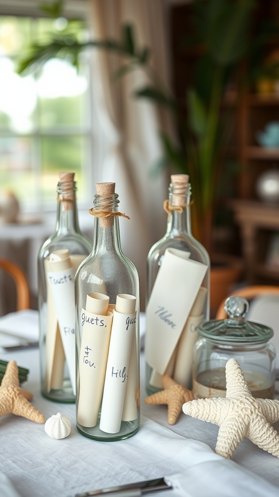 Glass bottles with rolled messages inside, decorated with twine and surrounded by starfish.