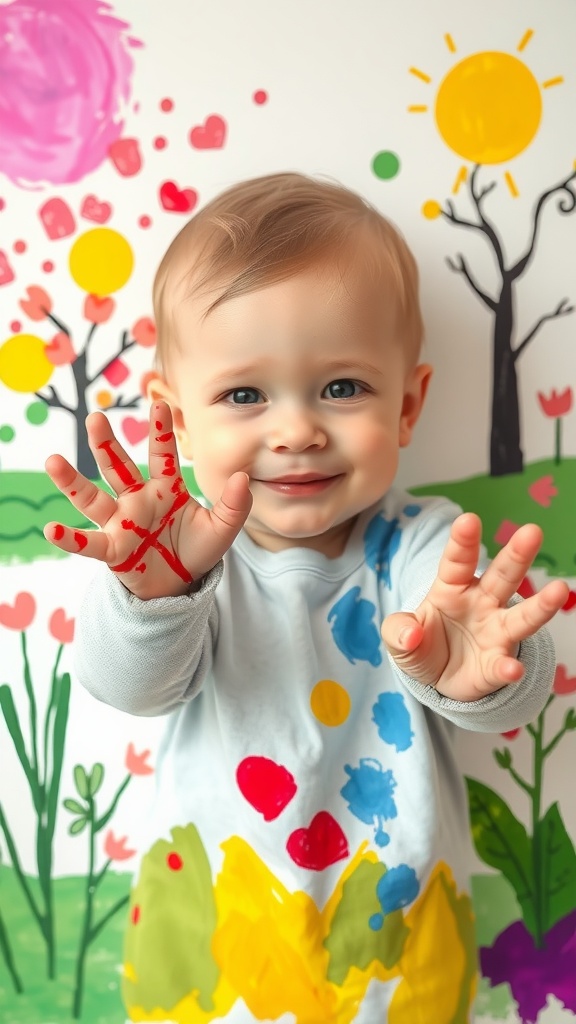 A happy baby with painted hands in front of a colorful background