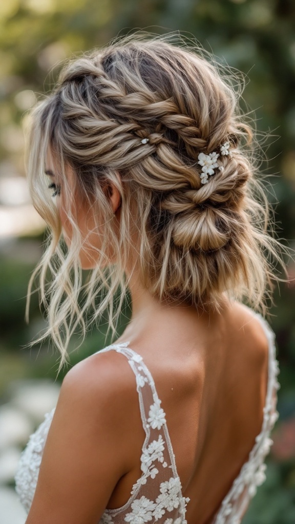 Messy bob hairstyle with braids and floral accessories