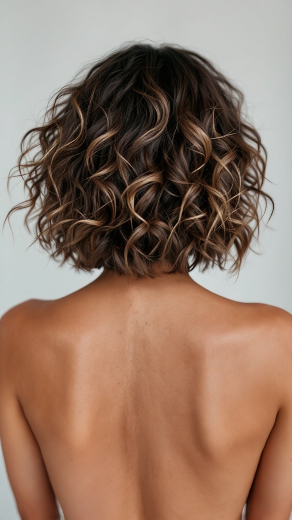 Back view of a messy curly bob hairstyle