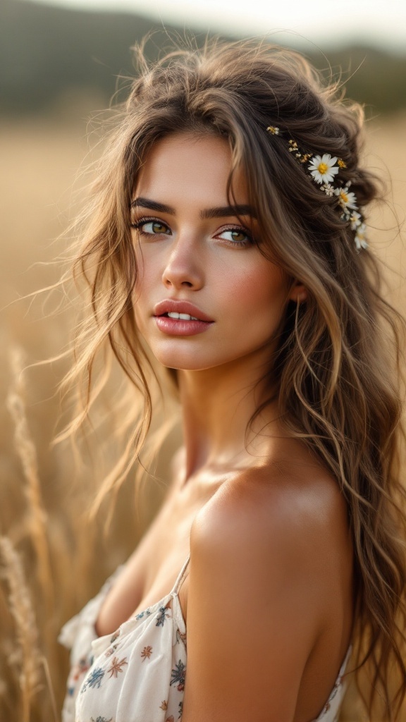 A young woman with side part half up half down hairstyle, wearing a floral dress, surrounded by tall grass.