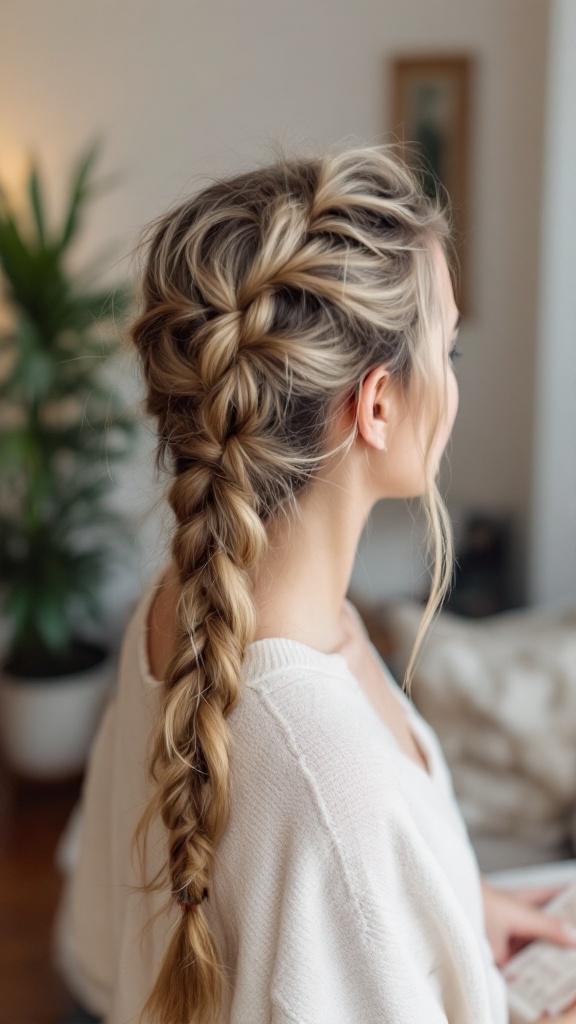 A woman with a messy box braid hairstyle, wearing a cozy sweater.
