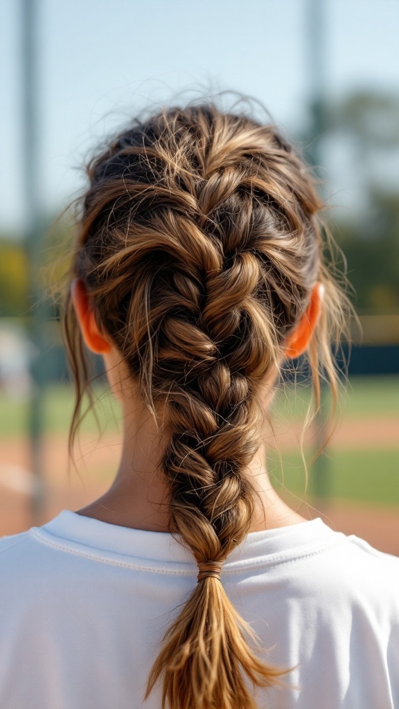 A casual messy braid hairstyle for a young female softball player.