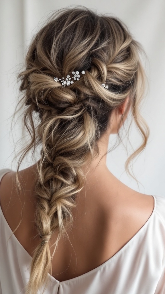 A back view of a woman with a messy braid decorated with sparkling accessories.