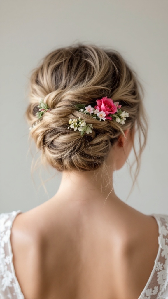 A close-up of a messy braided bun hairstyle adorned with floral accents