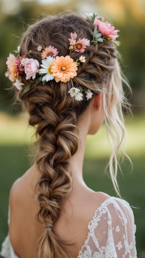 A woman with a messy braided crown hairstyle adorned with flowers.