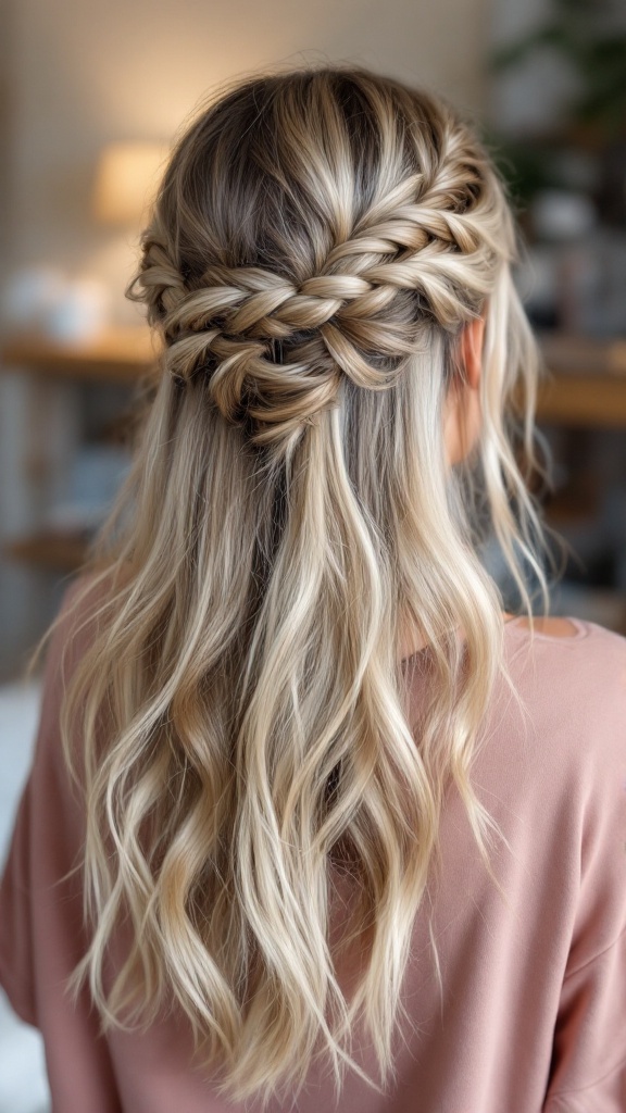 Messy braided half-updo hairstyle with wavy hair