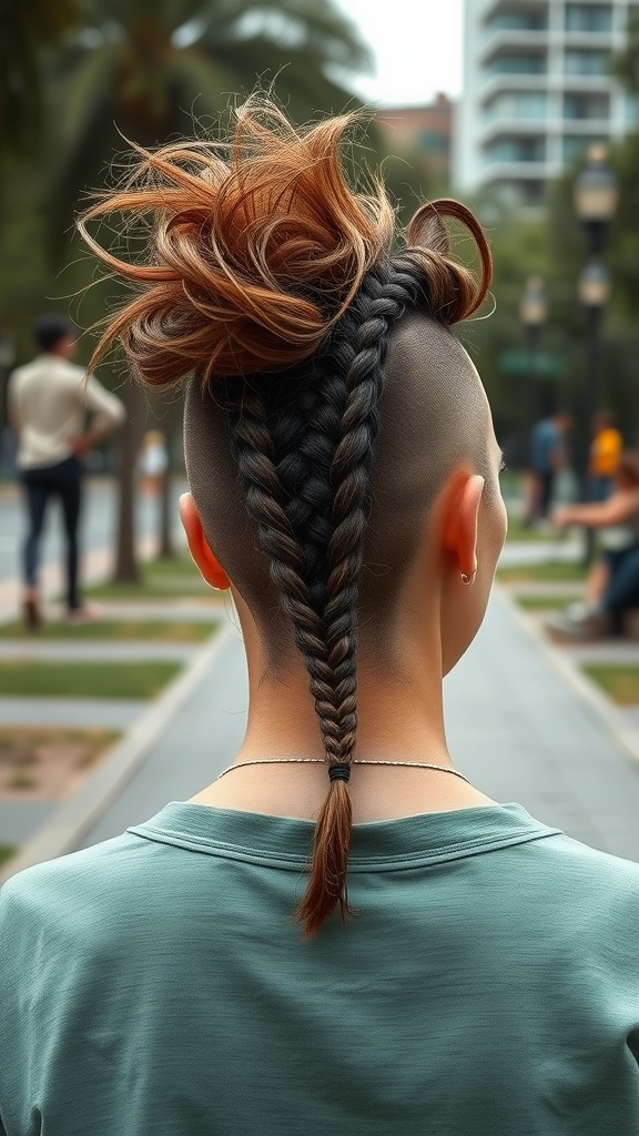 A person with a messy braided mohawk hairstyle, featuring two braids and a tousled top, viewed from behind.