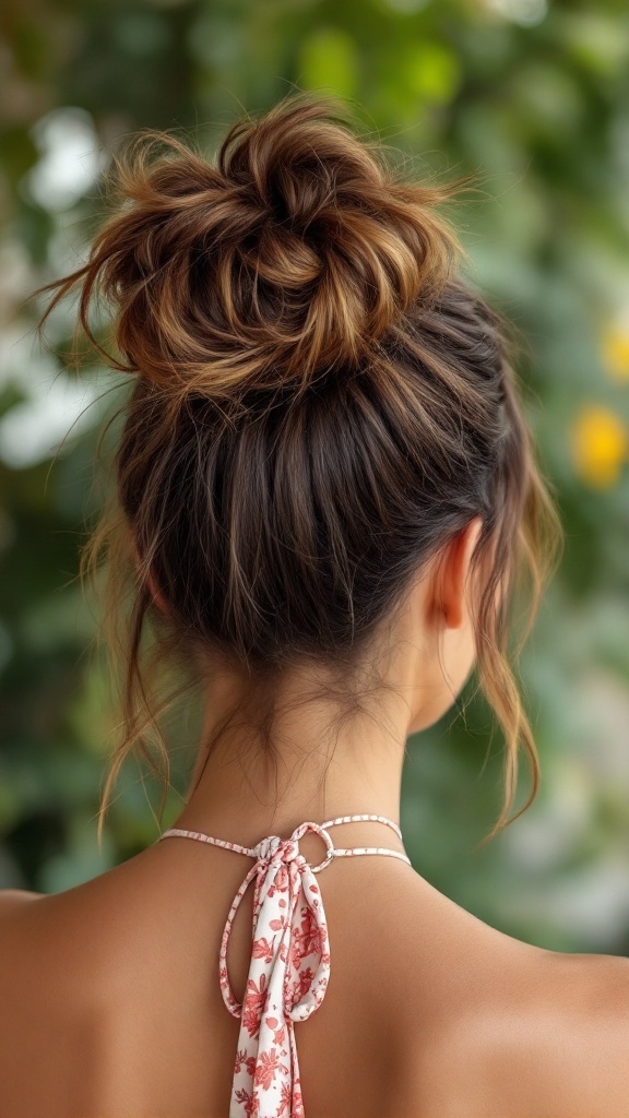 A woman with a messy bun hairstyle, showcasing a casual and carefree look, wearing a halter neck dress.