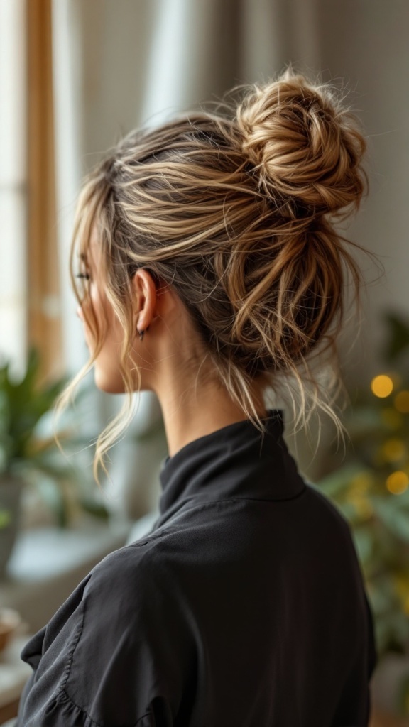 A woman with a messy bun hairstyle, showcasing a relaxed yet chic look.