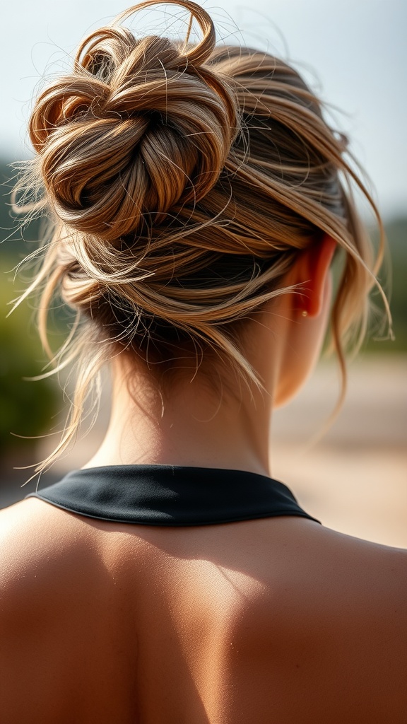 A woman with a messy bun hairstyle, showcasing a casual yet stylish look