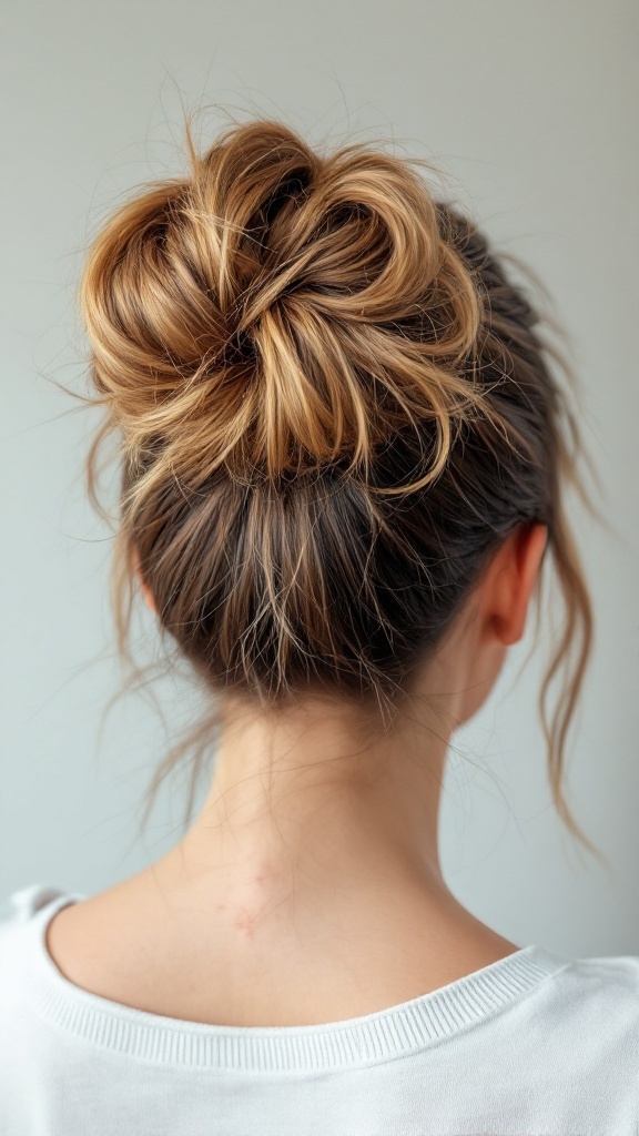 A woman with a messy bun ponytail hairstyle, showing loose strands and a casual look.