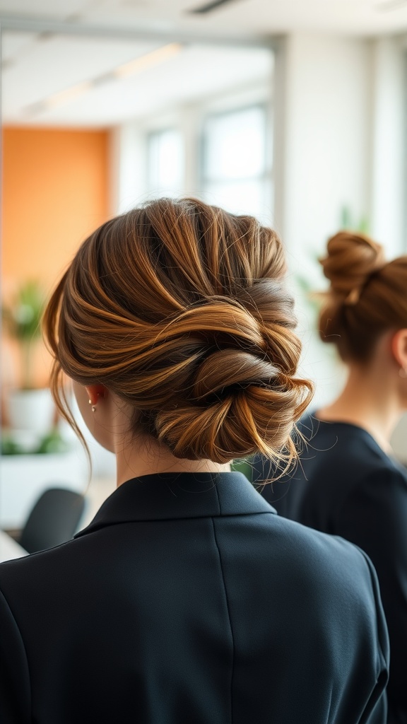 A woman with a polished messy bun hairstyle, dressed in a dark blazer.