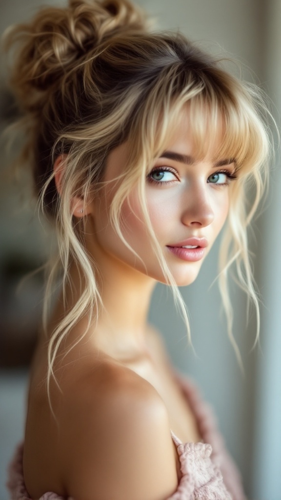A woman with blonde hair styled in a messy bun with bangs, looking stylish and relaxed.