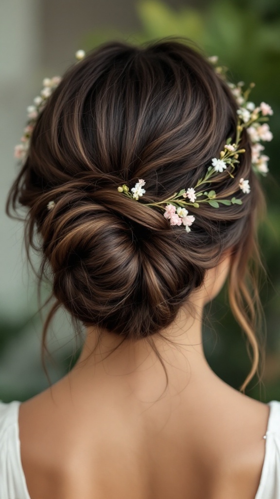 A beautiful messy bun hairstyle adorned with flowers for a wedding.