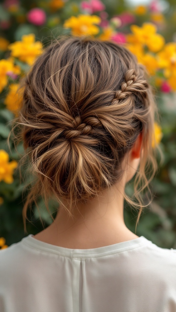 A stylish messy bun accented with braids, framed by colorful flowers.